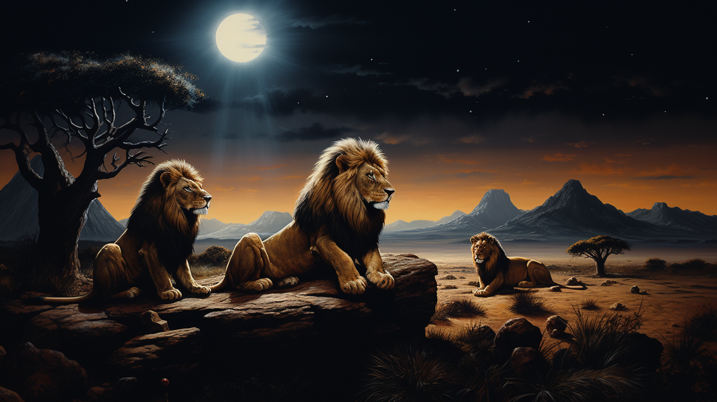 Group of male lions meeting at night