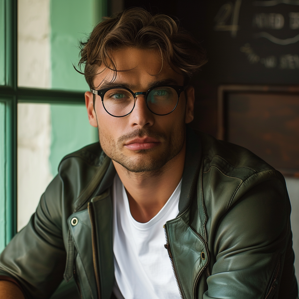 Mid-30s Man in Green Leather Jacket