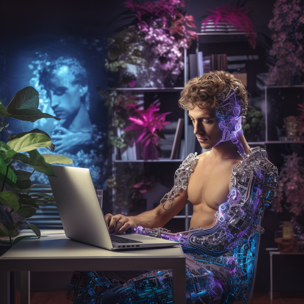 Male model working on computer with AI