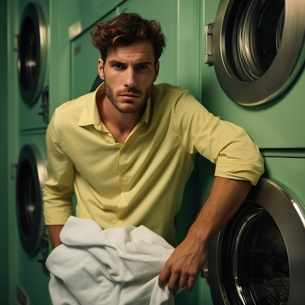 Male model standing behind washing machine in laundromat