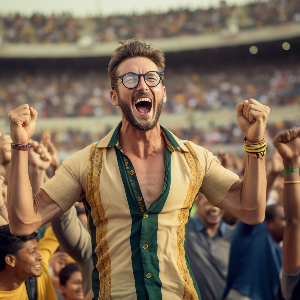 Excited male model cheers with cricket stadium crowd