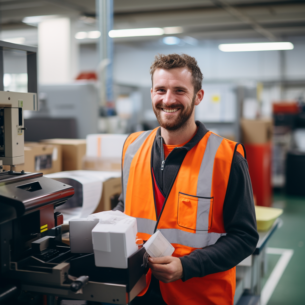 Male operating coffee mug wrapping machine