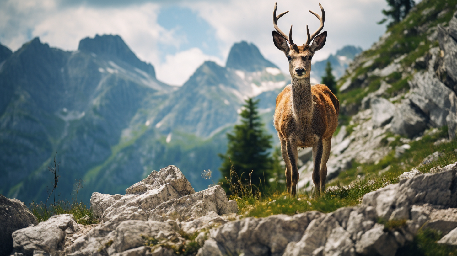 Majestic male roe deer in the mountains