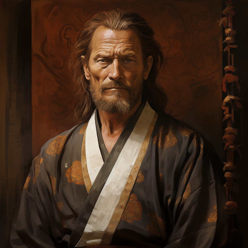 Senior Male Samurai Courtier with Auburn Hair and Golden Kimono