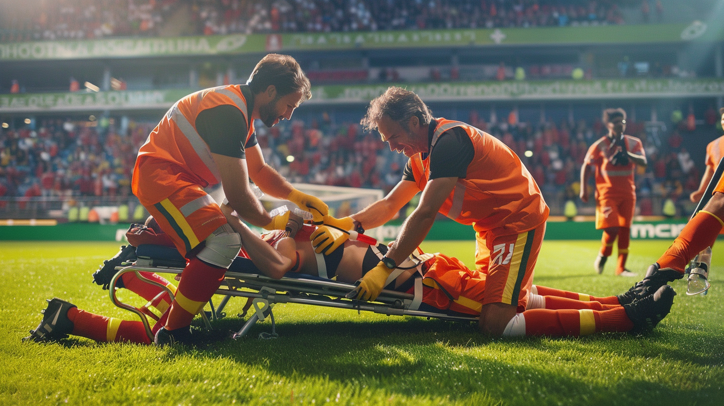 Male soccer player assisted by medics