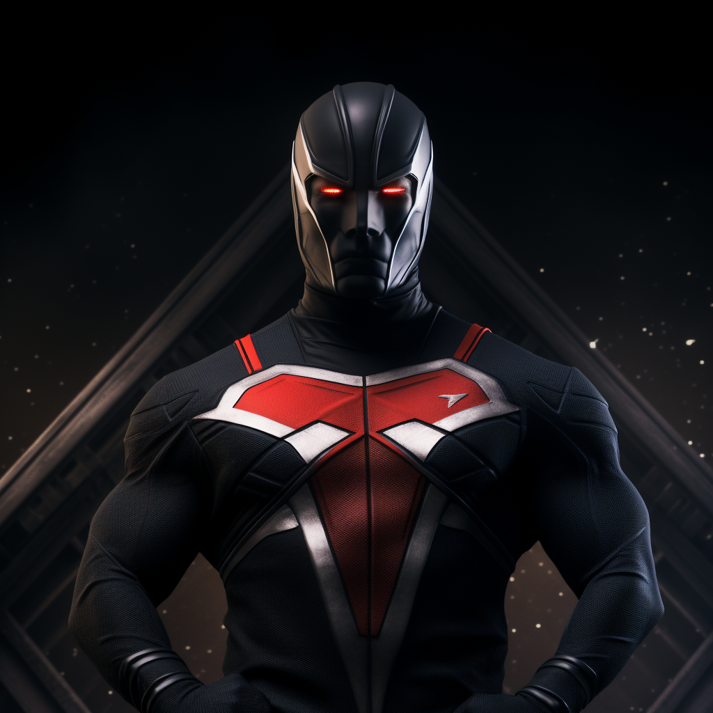 Male superhero in black costume with red 'T' logo