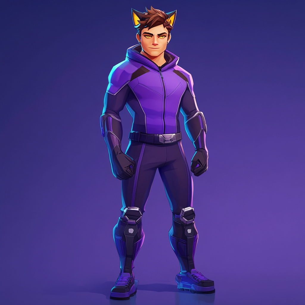 Charismatic male superhero in purple and blue suit