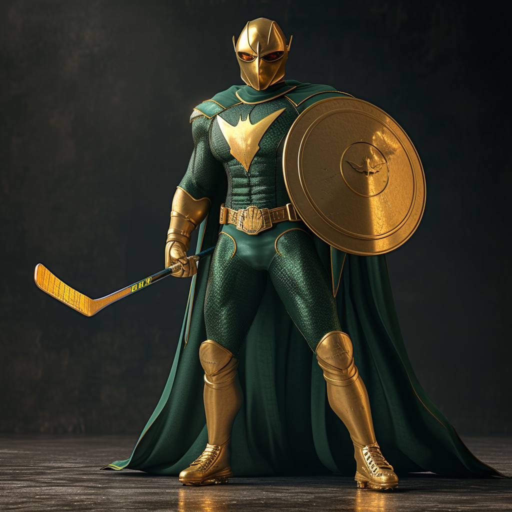 Male superhero in green costume and gold knight helmet