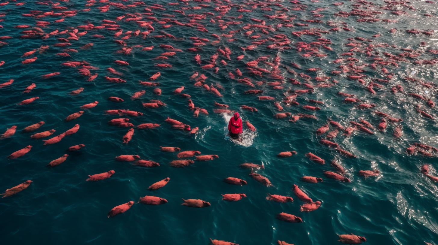 A male swimming in an ocean of red pig meat