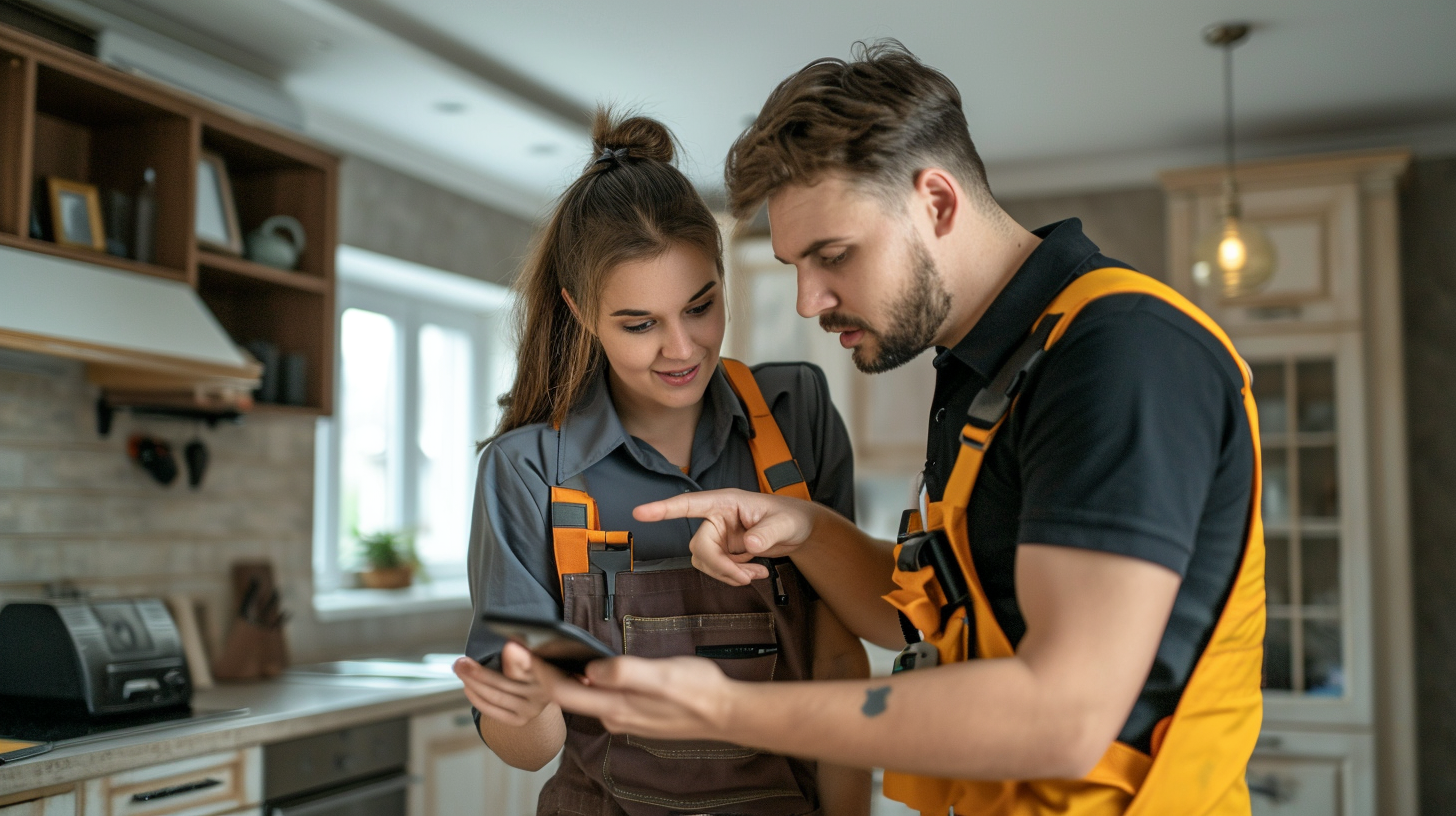 Male technician pointing to customer's phone