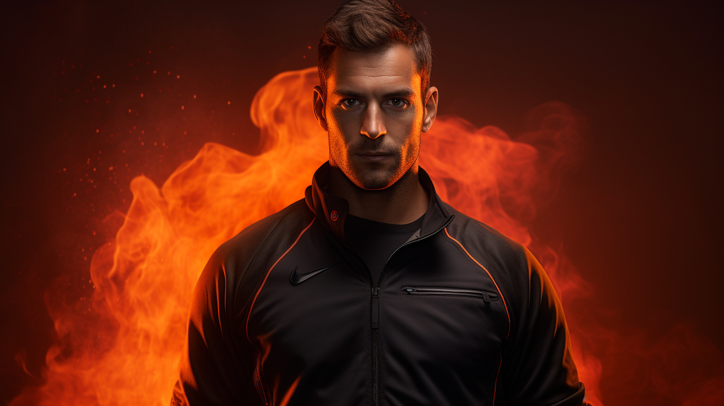 Tennis player in black outfit on fiery background