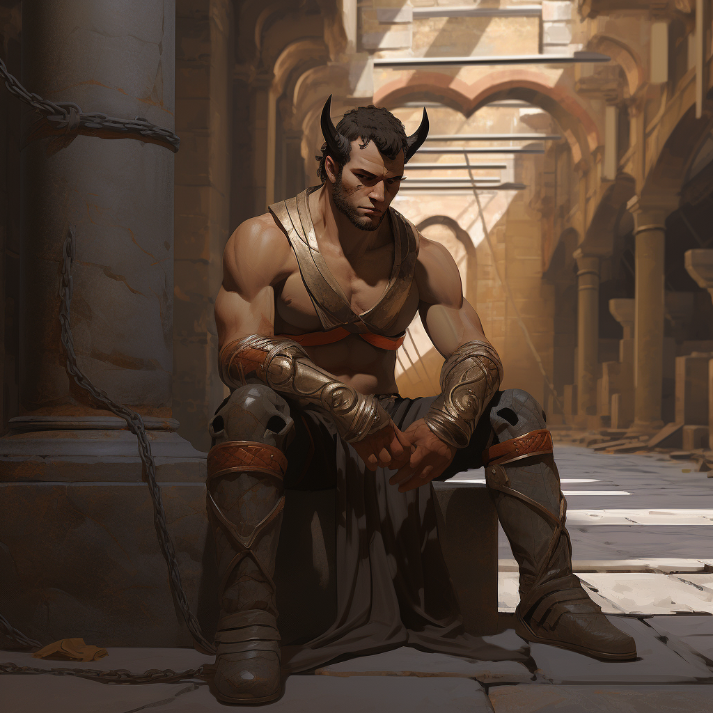 Male Tiefling Gladiator in Prison Courtyard