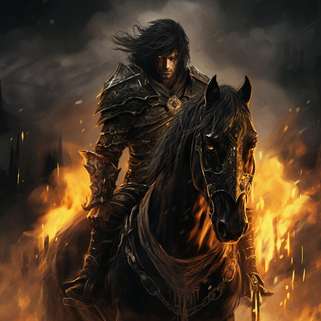 Male Wander riding black horse in black leather amour