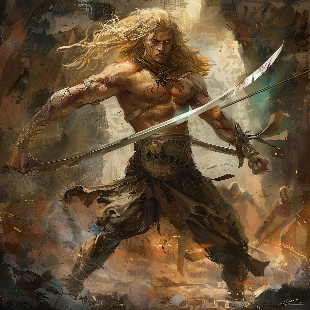 male warrior wielding swords digital art