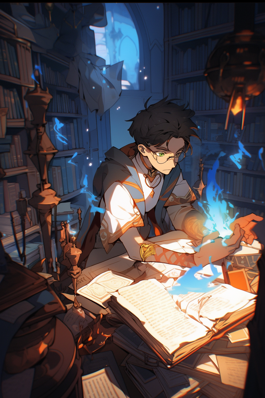 Male wizard researching and scribing spells