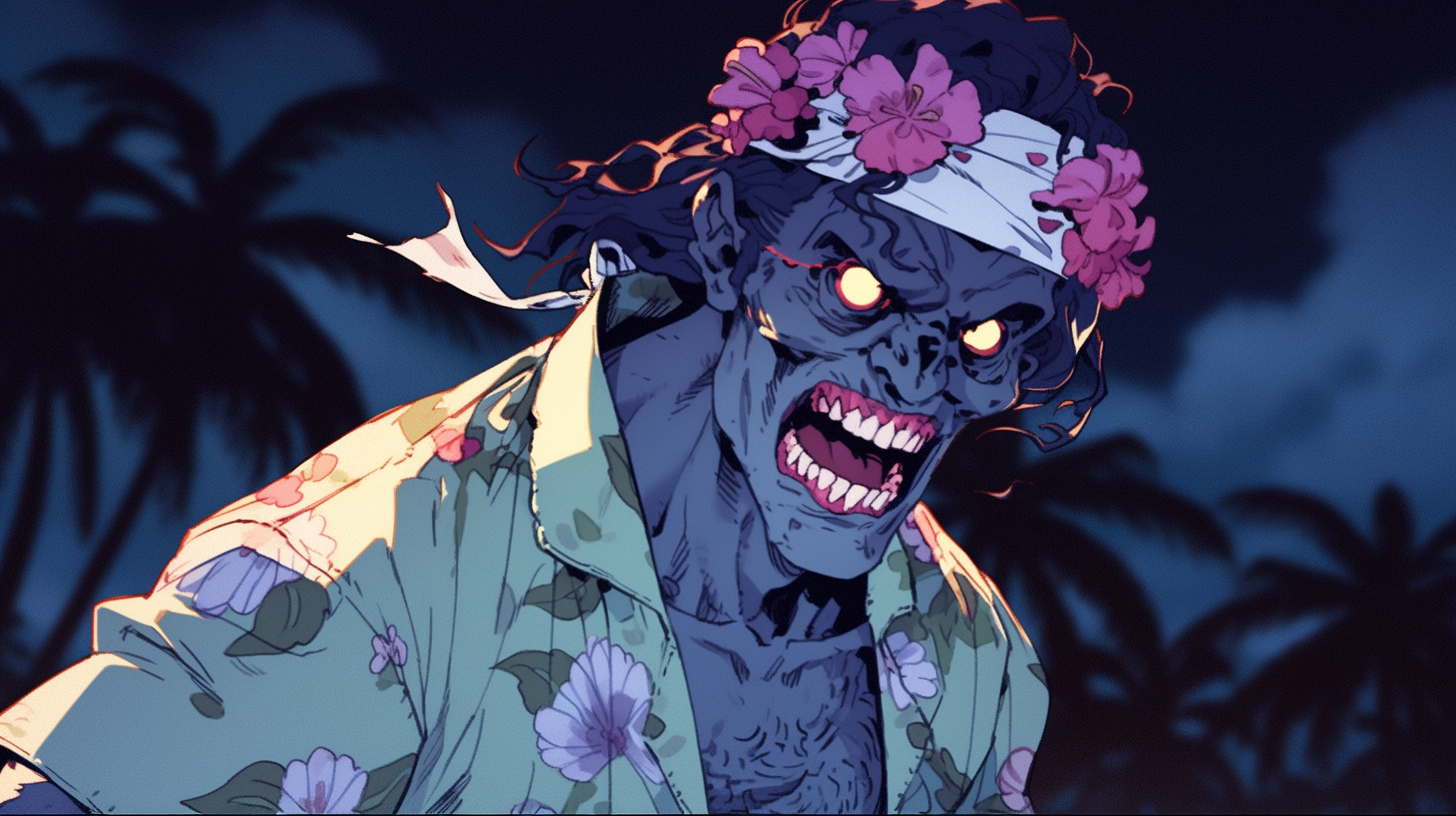 Male zombie from Hawaii with evil grin