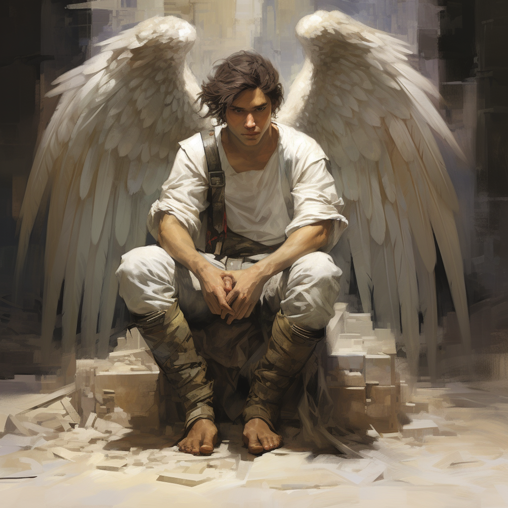 Male angel crouching in epic DND artwork