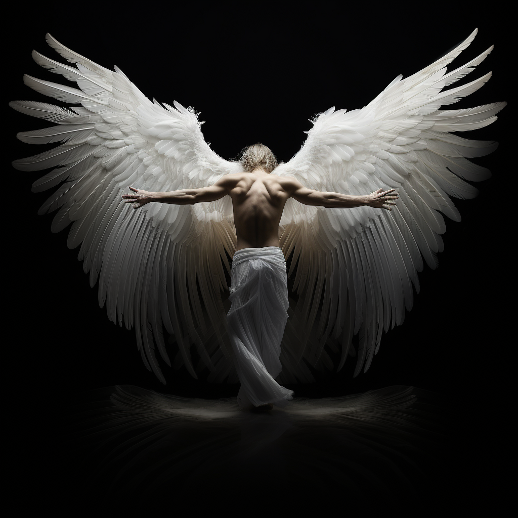 Male angel with spread wings hovering on black background