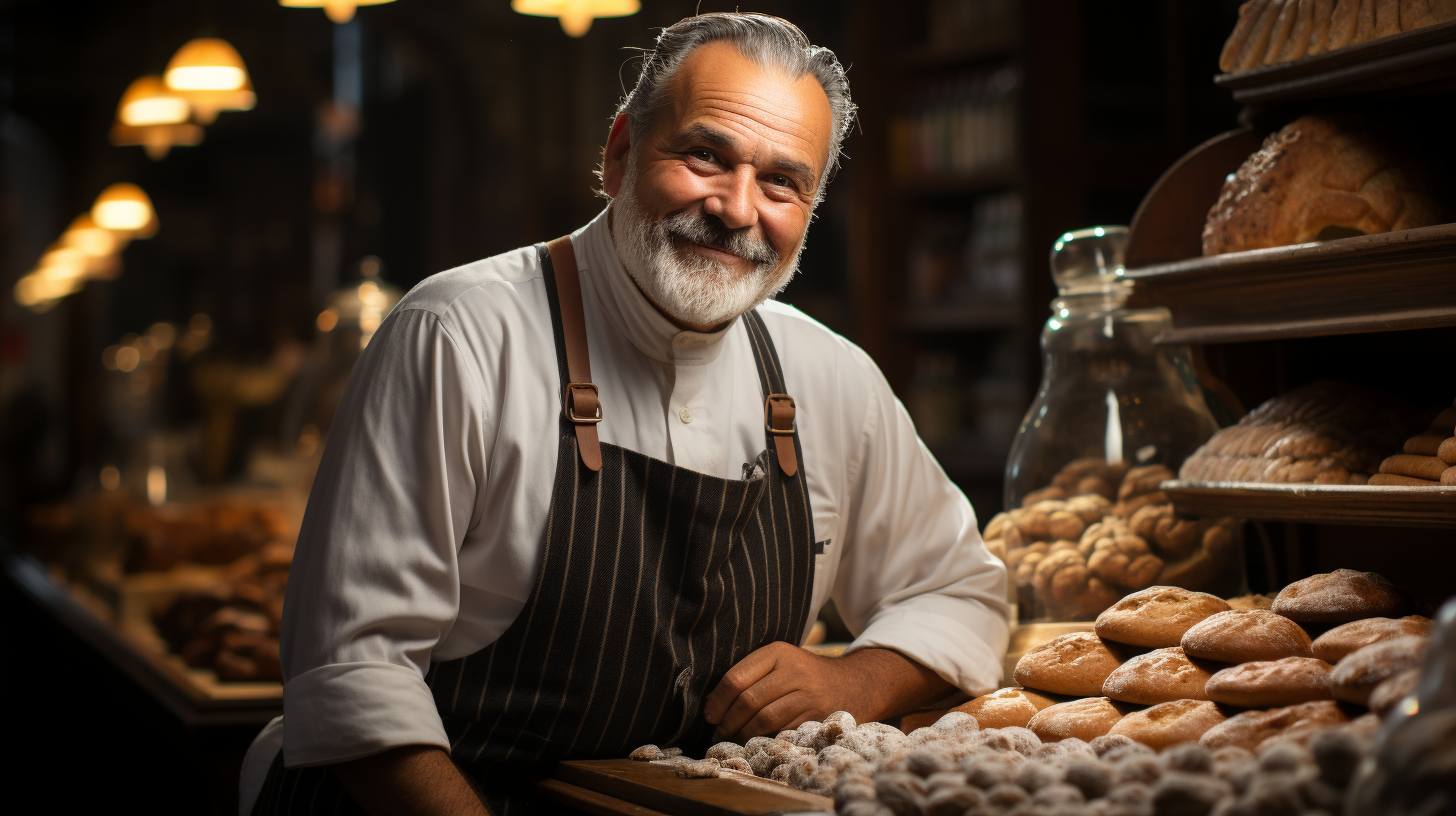 Man buying rolls at bakery store