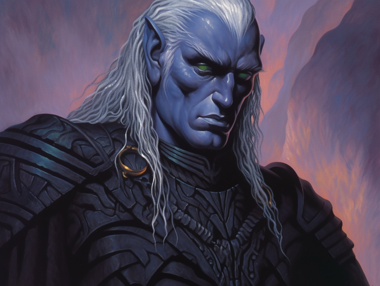 Striking oil painting of male dark drow