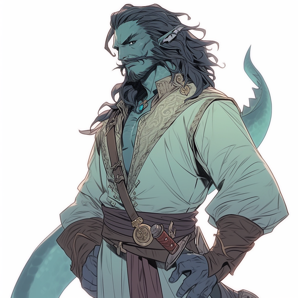 Cocky male D&D Triton pirate with elf ears