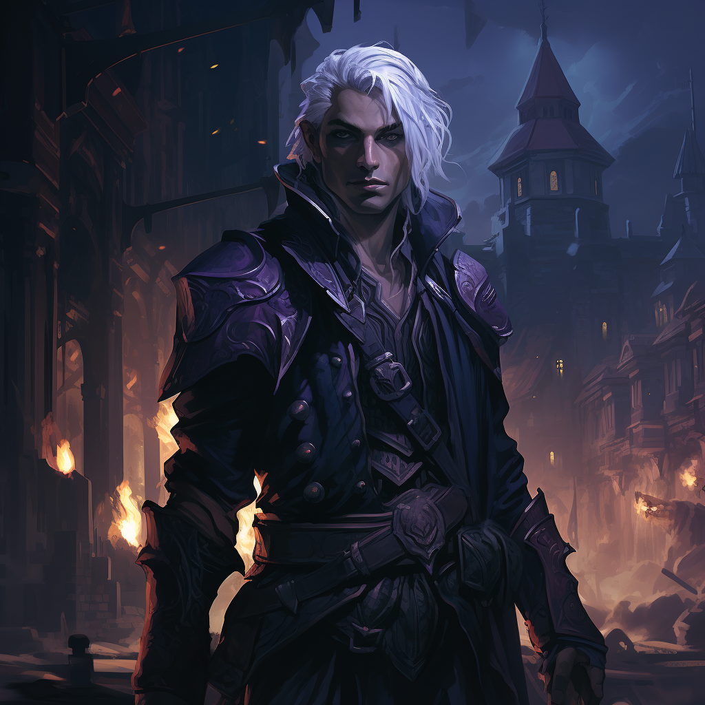 Male Drow Elf in Gothic City at Night .