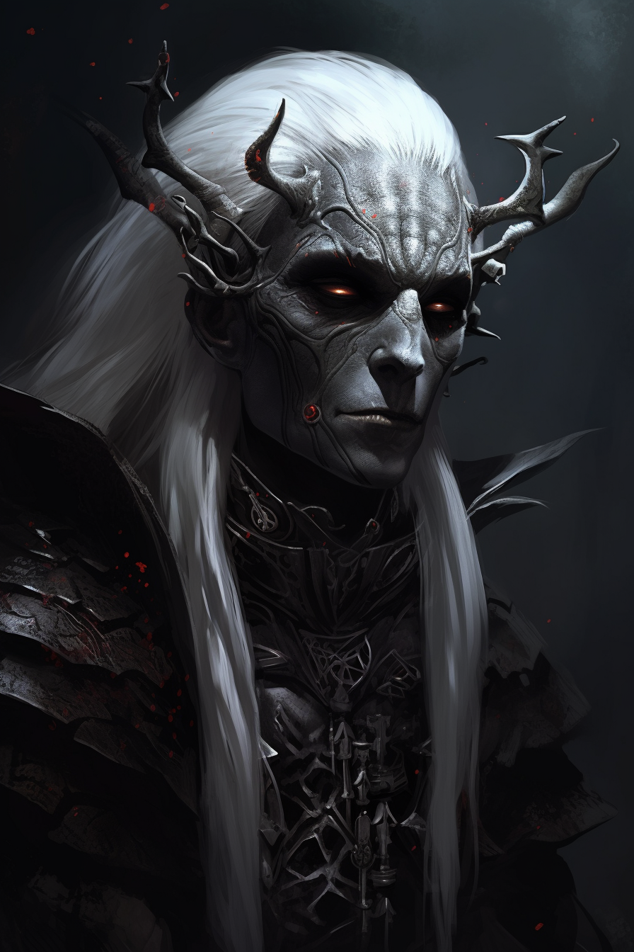 Detailed portrait of male Drow with spider eyes and mandibles