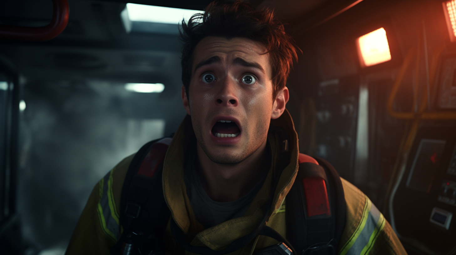 Male firefighter experiencing shock and realization