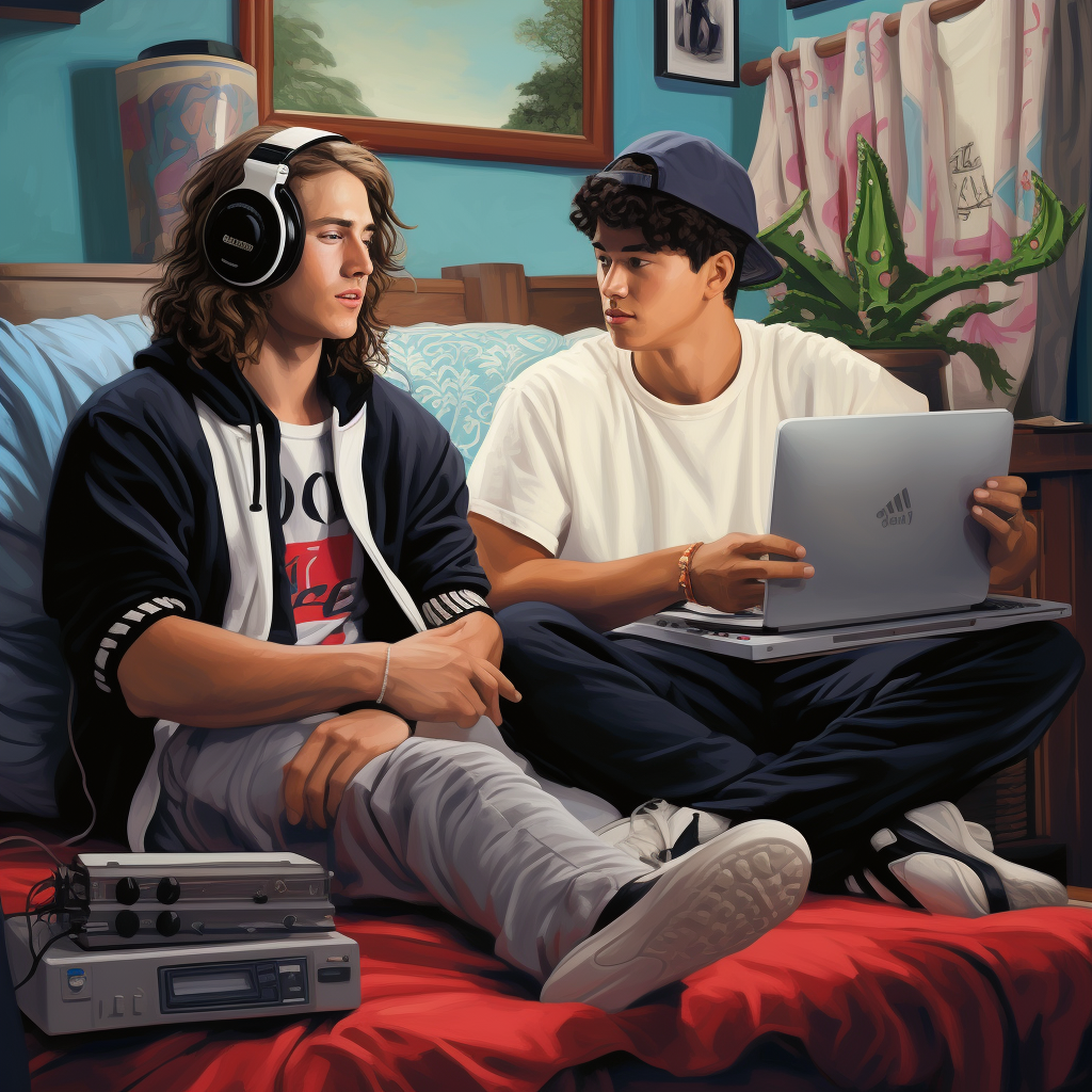 Two male friends in 1980s bedroom listening to music