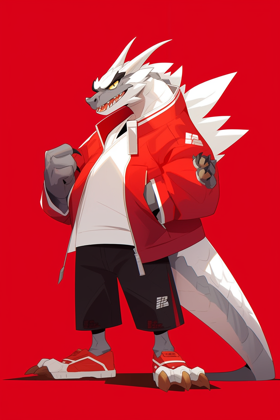 Illustration of furry dragon superhero in red background