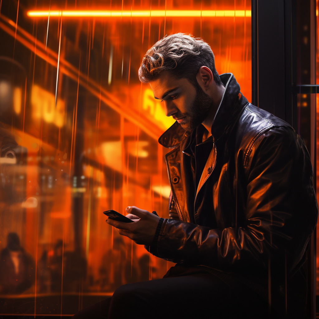 Male guest using phone in front of nightclub window