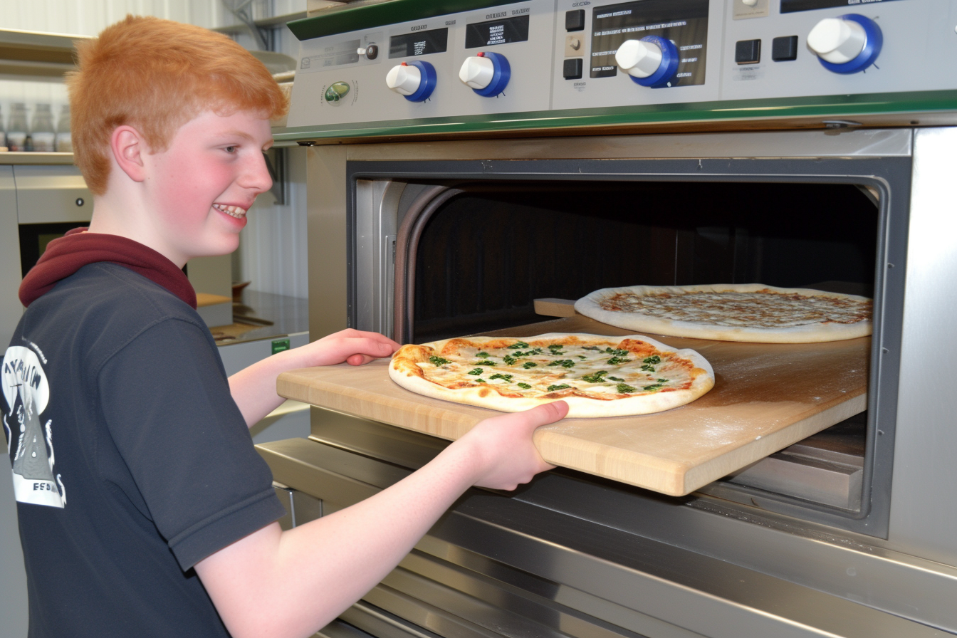 Male placing pizza in wood oven