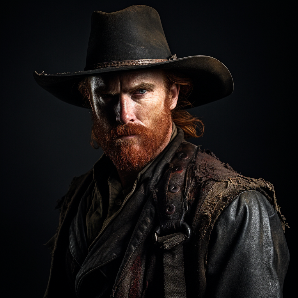 A sinister male redhead Irish outlaw cowboy