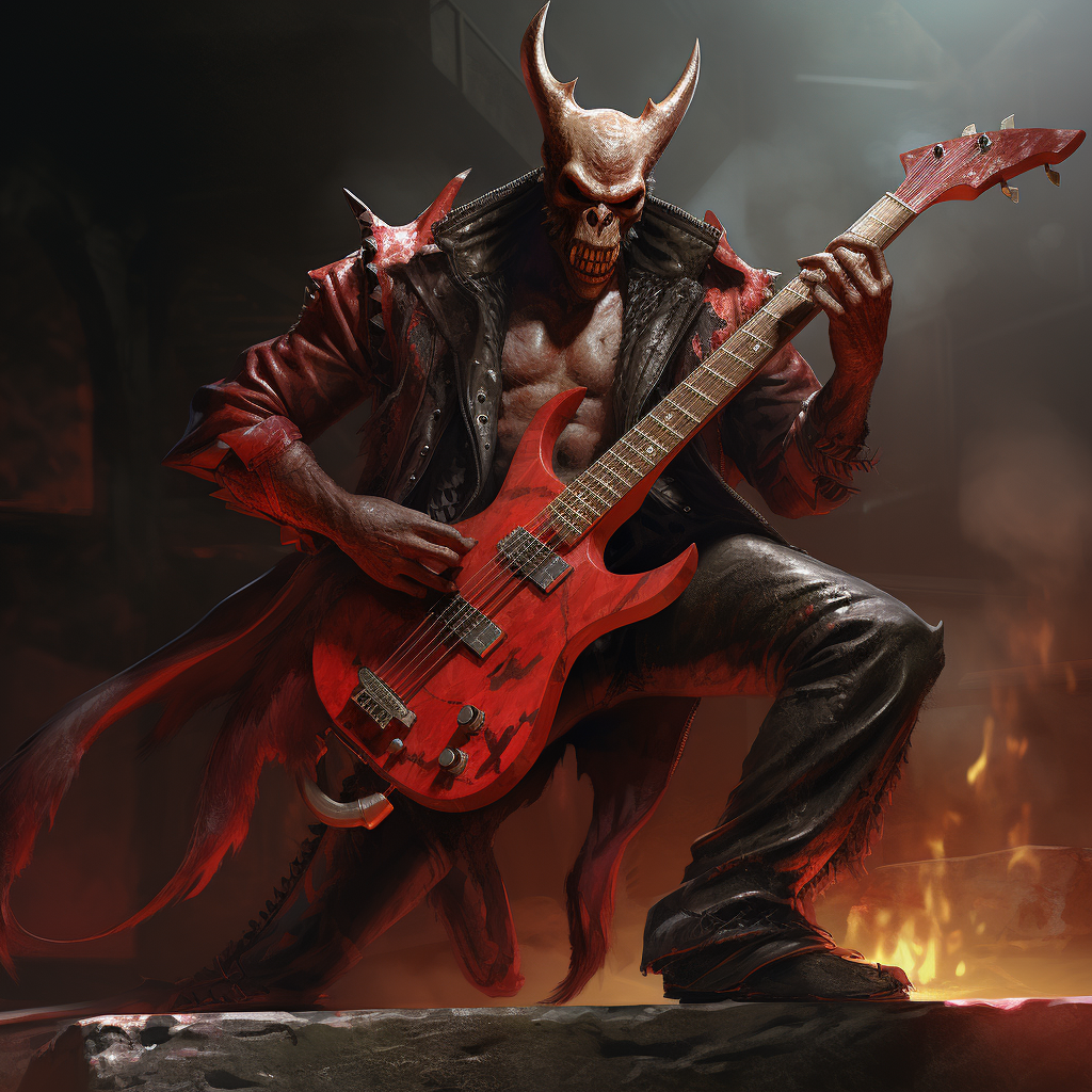 Red-skinned male rockstar with devil horns and tail