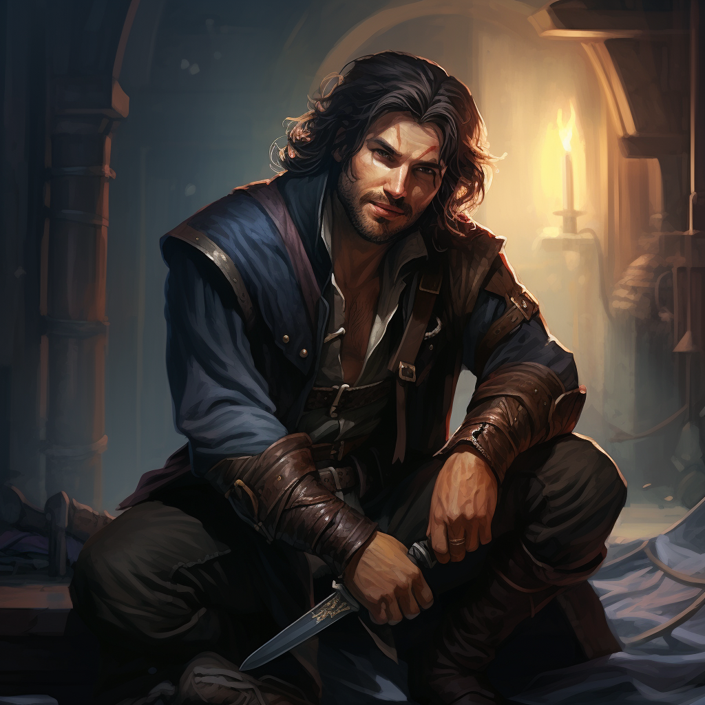 Handsome male rogue crouching with dagger