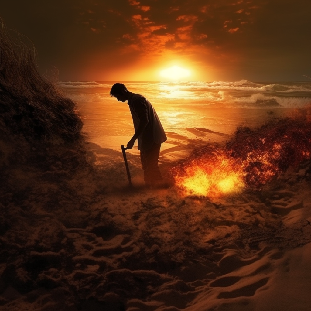 Sunburned male student digging hole on beach with waves