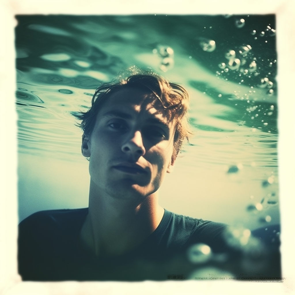 Photorealistic male swimmer in polaroid-style