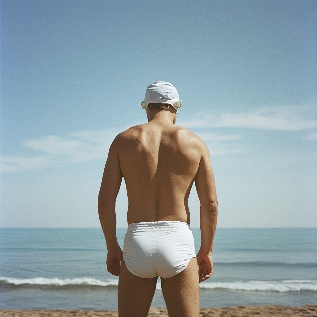 Man wearing white swimming bathers at the beach