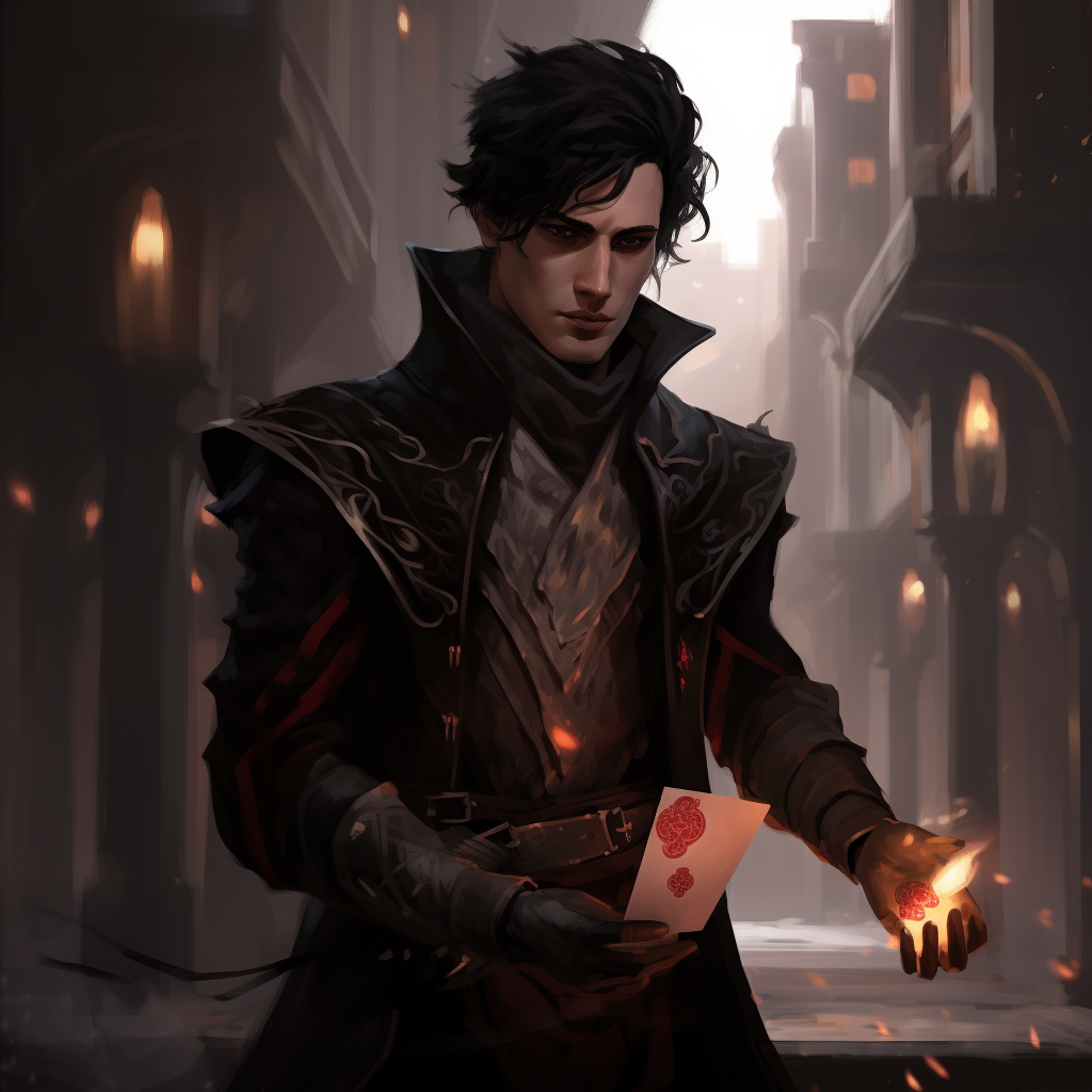 Black-haired male warlock holding deck of magical cards