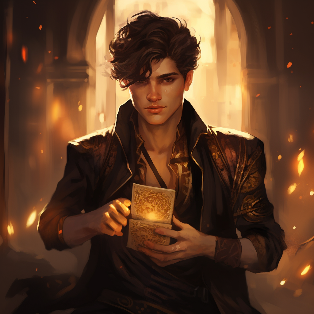 Male Warlock holding a magical golden deck