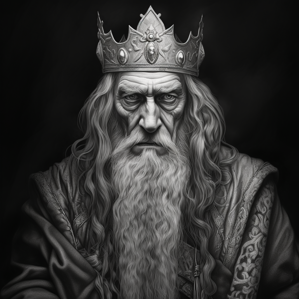 Malicious old man in noble clothes and small crown