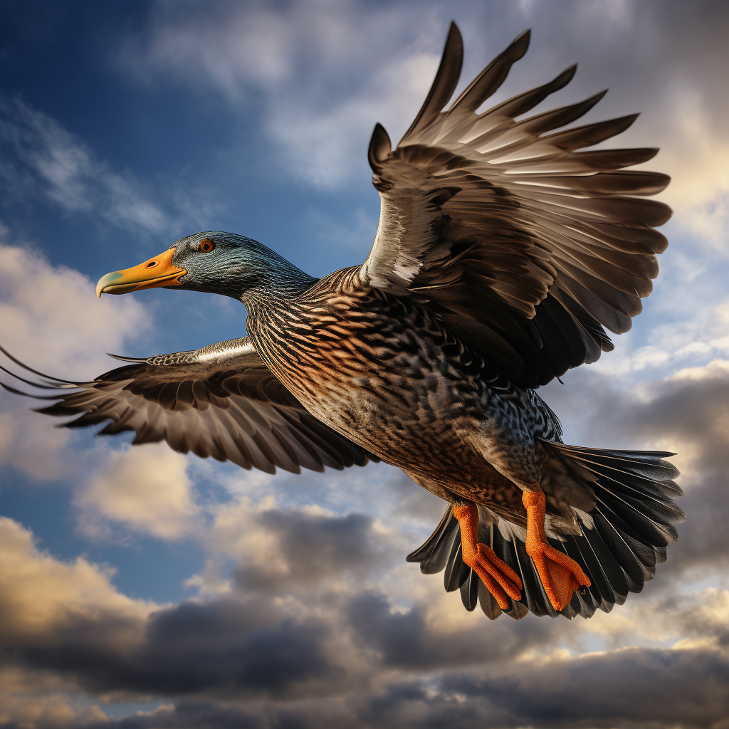 Majestic mallard duck flying against the sky