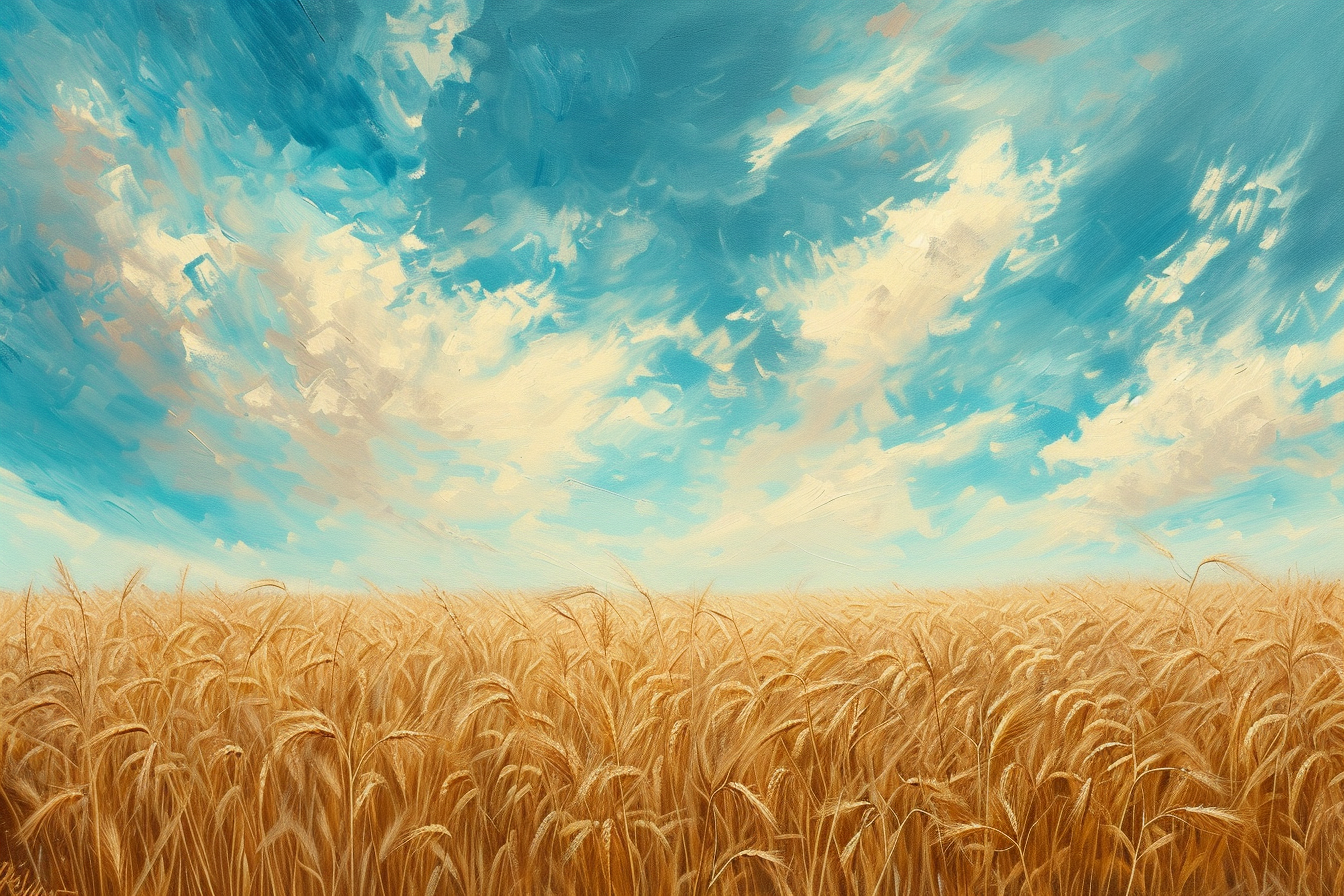 Malt field in Magritte painter style with happy cyan tone