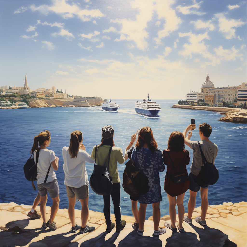 Group of students on Sliema promenade with ships