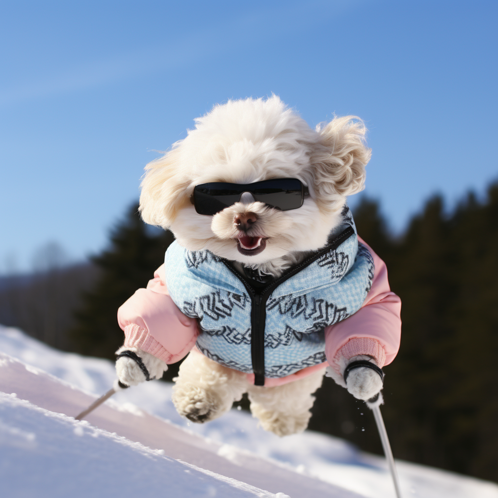 Cute Maltipoo dog skiing