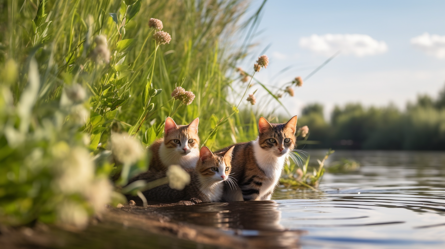 Mama Cat and Kittens Fishing by Riverside