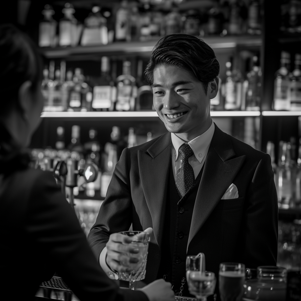 Man accepting drink from female bartender