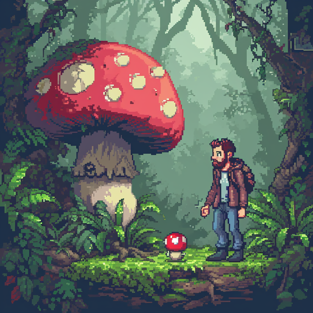 Man holding hands with angry mushroom in jungle