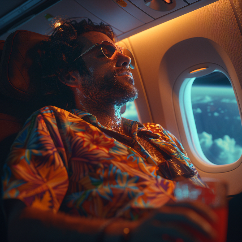 Man in Hawaiian Shirt on Airplane