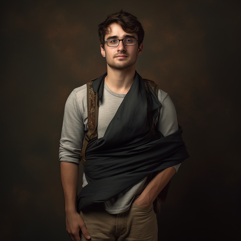 Man with arm in sling wearing glasses